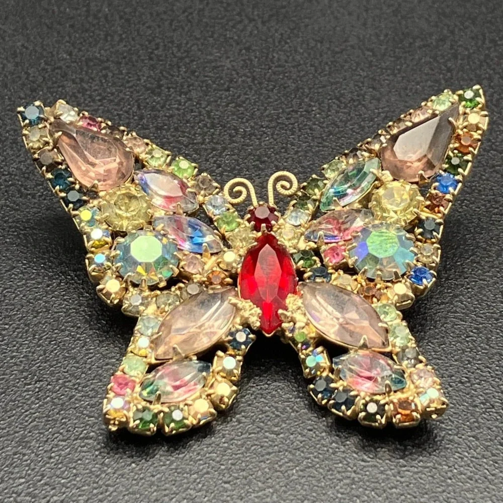 Weiss Butterfly Brooch Multicolor Givré Iris Glass Rhinestone Signed 1950s